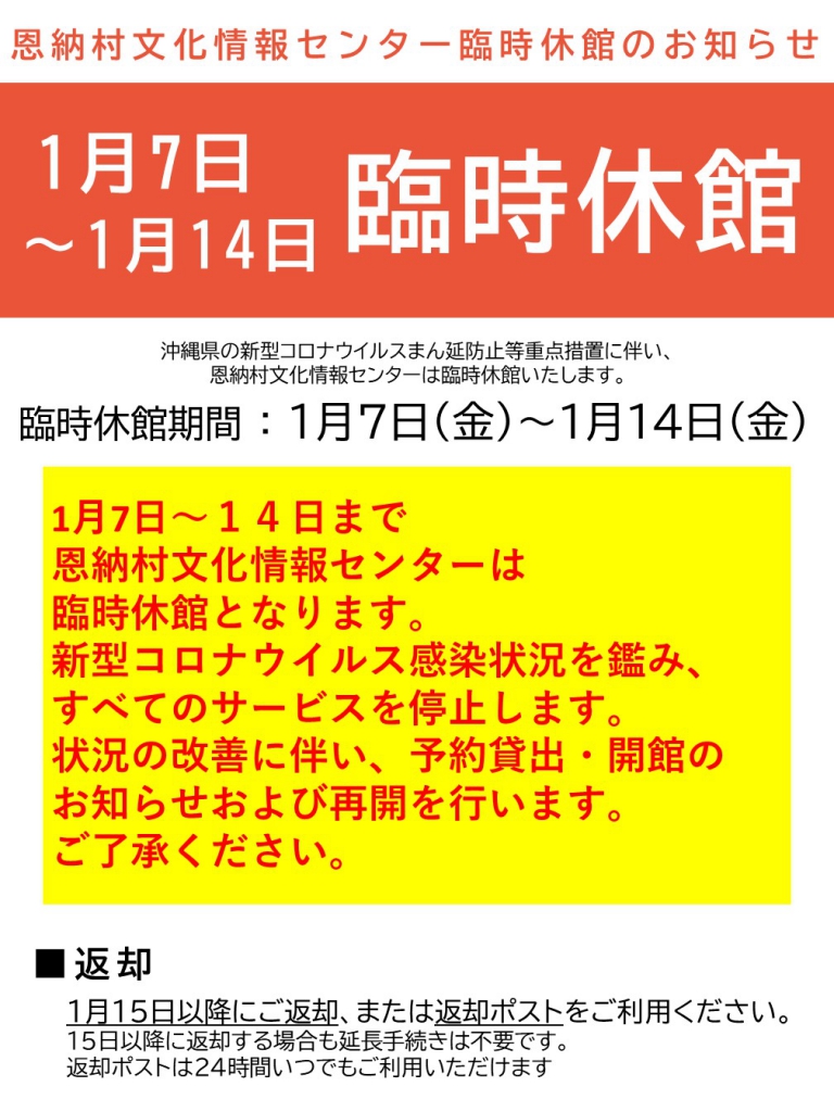 11コピー比屋根【ポスター】2022年1月7日～1月14日　臨時休館